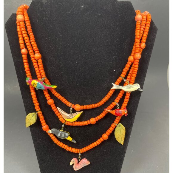 Retro Boho Chic Necklace Orange Wood Beaded Carved Tropical Parrot Bird Vintage - Picture 4 of 12